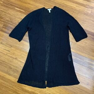 Eileen Fisher Black Organic Linen Knit 3/4 Sleeve Duster Cardigan Womens Size XS